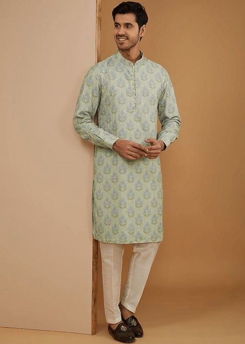 Sage Green Embroidered Readymade Mens Kurta Pajama In Georgette