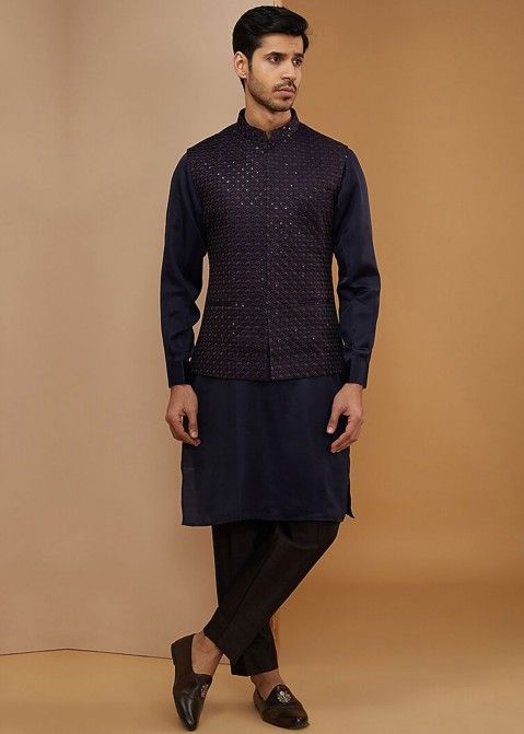 Blue Embroidered Readymade Mens Kurta Pajama & Nehru Jacket In Silk