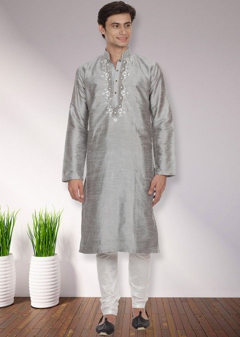 Grey Readymade Mens Plain Kurta Pajama In Dupion Silk