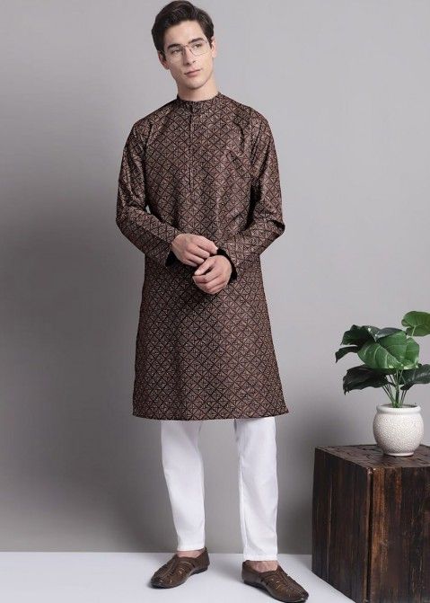 Brown Readymade Digital Printed Mens Kurta Pajama In Cotton