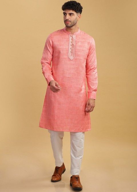 Readymade Cotton Mens Plain Kurta Pajama In Pink