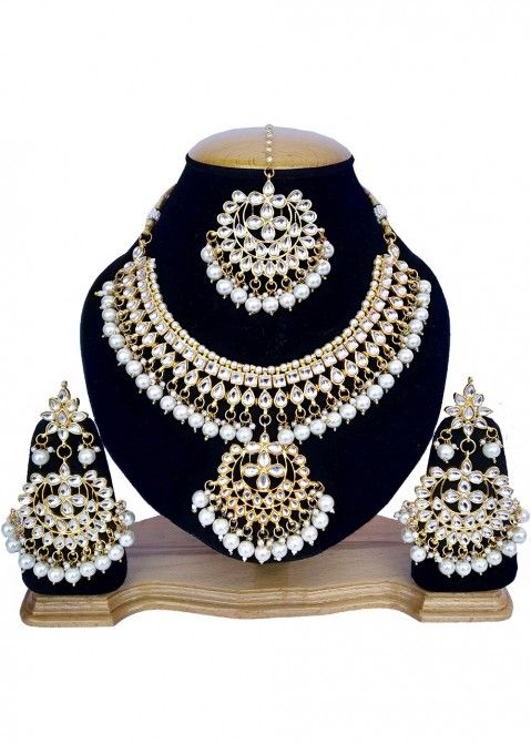Designer Indian Jewelry- White Pearl Stone Studded Kundan Indian Bridal Necklace