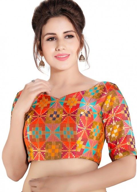 Buy Multicolor Readymade Woven Brocade Saree Blouse Online
