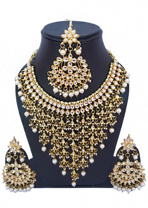 Golden White Kundan and Pearl Necklace 