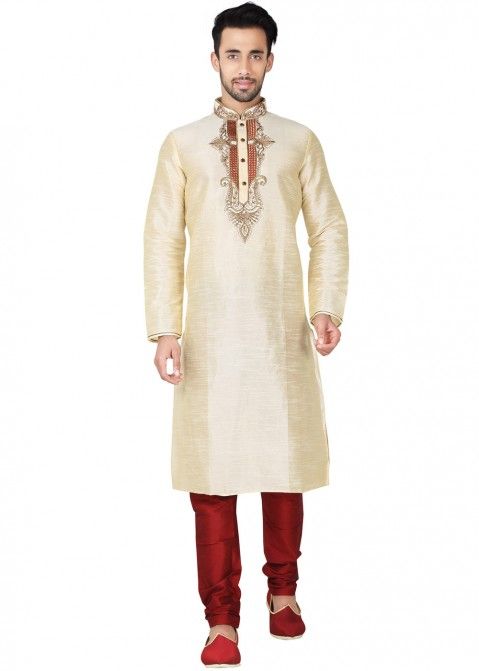 Indian Wedding Clothes for Men: Buy Readymade Cream Art Silk Kurta Pajama Set Online