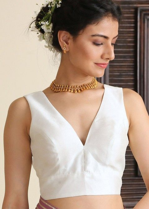 White readymade dupion silk saree blouse online