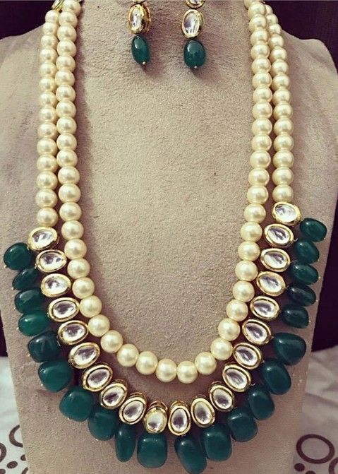 Green Golden Pearl Beaded And Long Layered Necklace Set Panash India USA