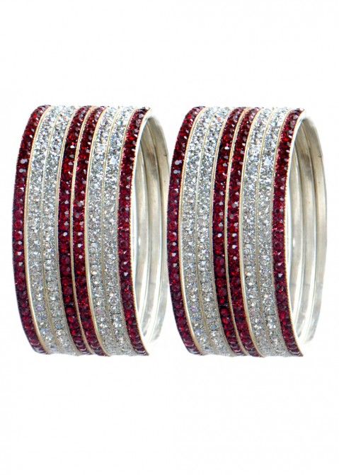 Stone Studded Maroon and Silver Bangle Set