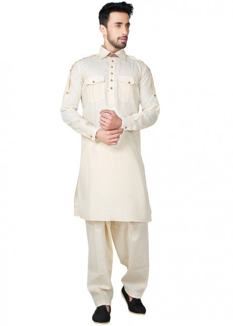 Pathani Dress for Men: Buy Readymade Cream Linen Pathani Suit Set Online