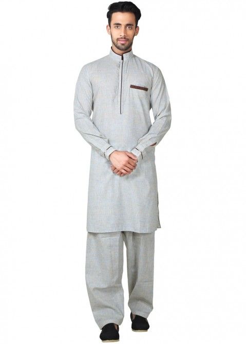 Buy Readymade Grey Linen Pathani Kurta Dress for Man Online USA