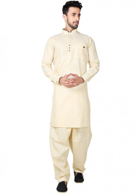 Buy Readymade Cream Linen Pathani Dress for Man Online in USA