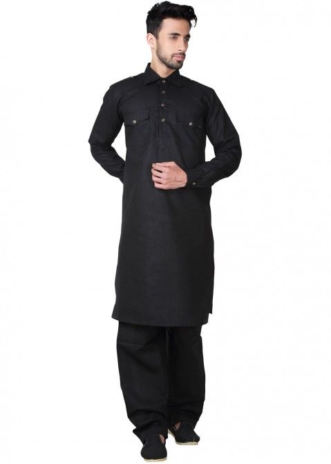 Buy Readymade Black Linen Indian Pathani Dress for Man Online USA
