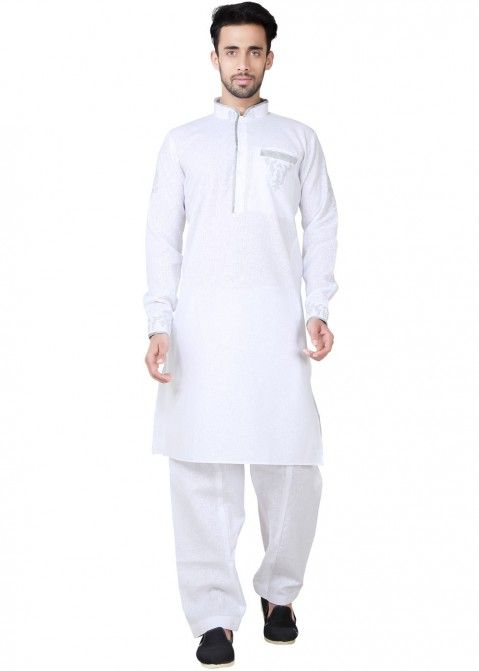 Buy Readymade White Linen Indian Pathani Suit for Men Online in USA