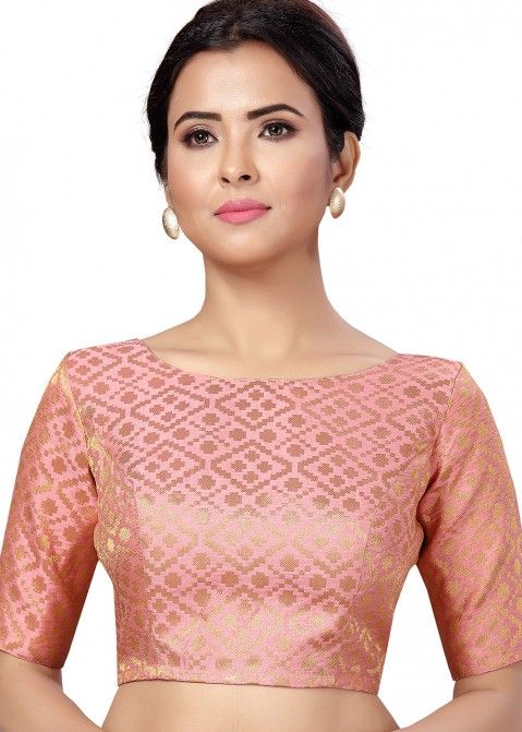 Readymade Pink Brocade Boat Neck Blouse for Saree
