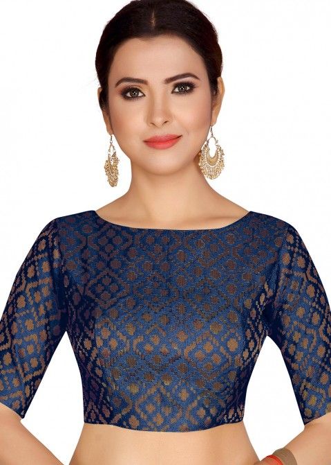 Blue brocade boat neck saree blouse online