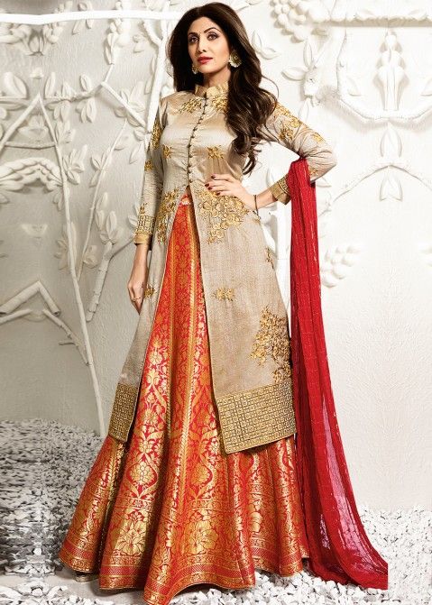 Buy Shilpa Shetty Red and Beige Kurti Style Silk Lehenga Choli Online in UK