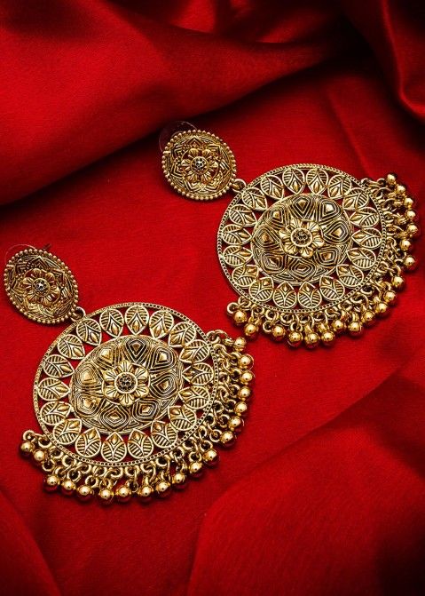 Indian Jewelry: Buy Golden Embossed Oval Dangler Indian Earrings Online