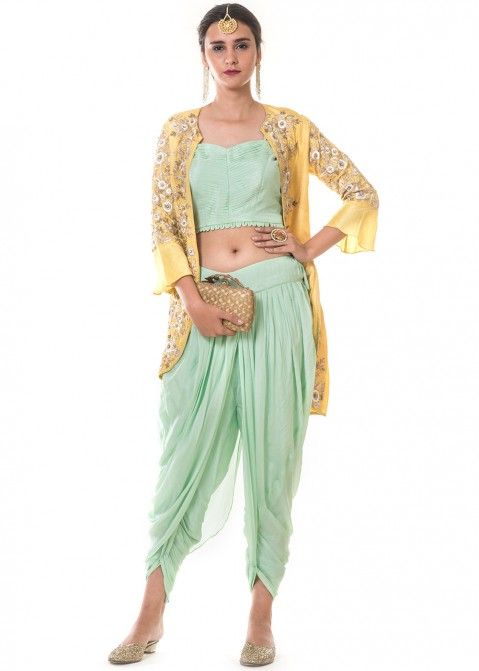 Indo Western Dress: Buy Readymade Green Top Dhoti Pant Set With Jacket