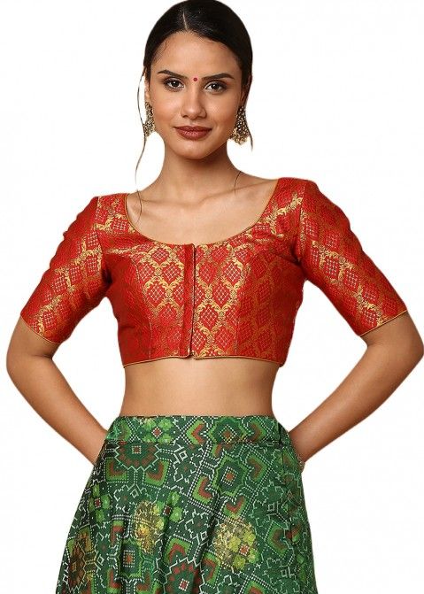 Red Art Silk Blouse With Woven Floral Designs At Soch