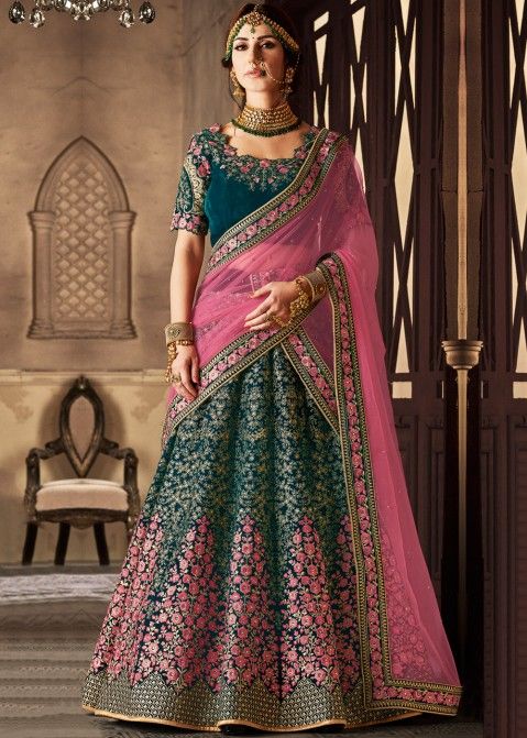Shop for Green Velvet Indian Bridal Lehenga Choli Online with Dupatta