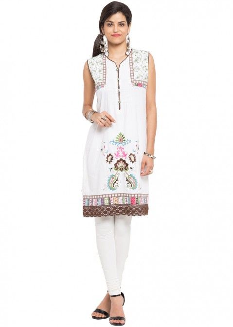 Readymade White Embroidered Cotton Indian Kurtis Online Shopping USA