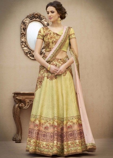 Buy Light Yellow Digital Printed Banarasi Silk Bridesmaid Lehenga Choli Online