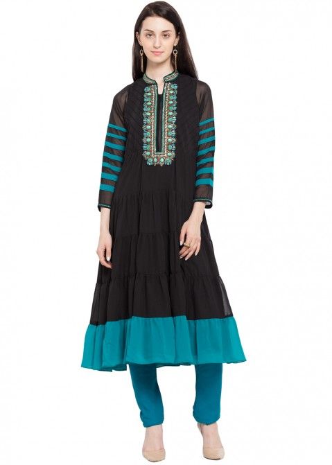 Buy Black Readymade Faux Georgette Tiered Indian Tunic Dress for Women Online