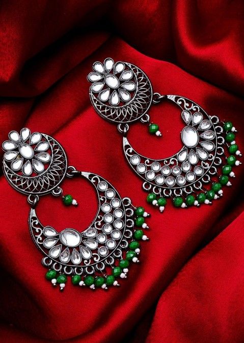 Silver and Green Oxidised Stone Studded Earrings