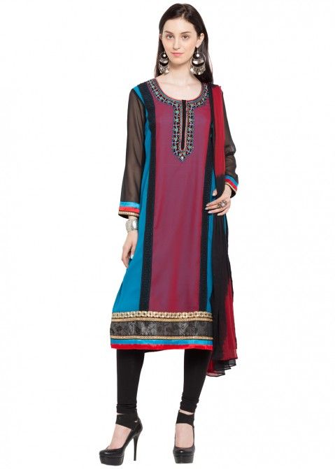 Readymade Multicolored Faux Georgette Panelled Suit