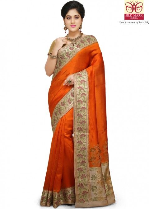 Orange Pure Banarasi Silk Saree with Blouse