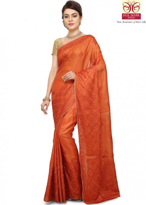 Orange Pure Tussar Silk Saree Online Shopping With Blouse