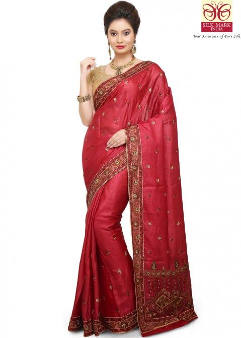 Buy Red Pure Indian Tussar Indian Silk Saree Online Shopping with Blouse