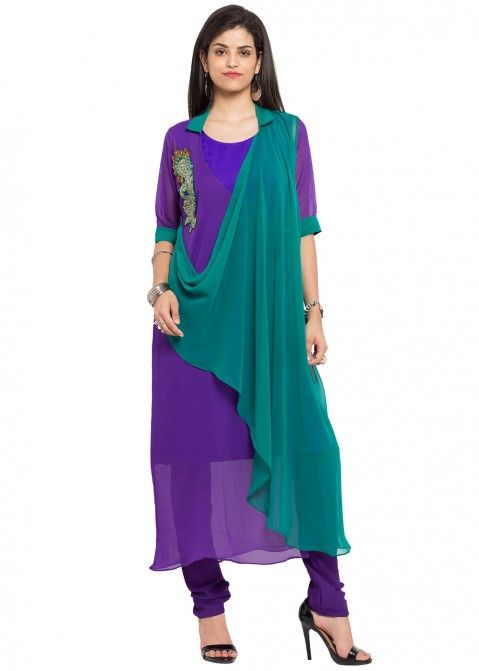 Readymade Purple Green Asymmetric Georgette Indian Kurtis Online Shopping in USA