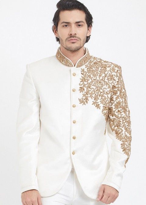 Buy White Velvet Embroidered Bandgala Jacket