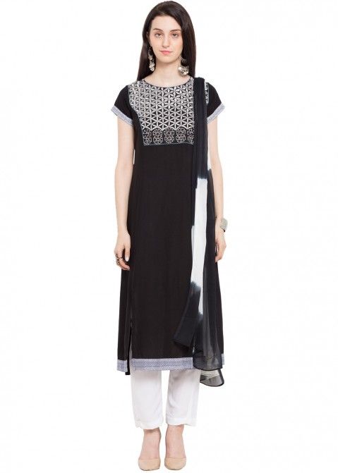 Readymade Black Embroidered Cotton Pant Suit
