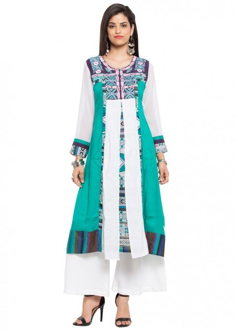 Readymade Green Panelled Cotton Women Indian Tunic Online USA
