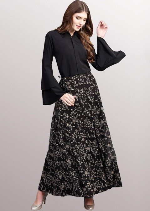 Buy Black Crepe Spandex Bardot Metallic Skirt Set For Women by Manika Nanda  Online at Aza Fashions.