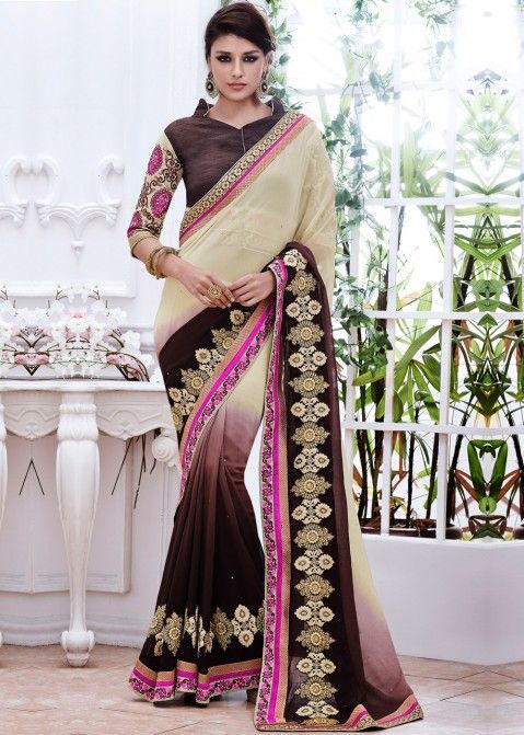 Shaded Cream and Brown Georgette Saree