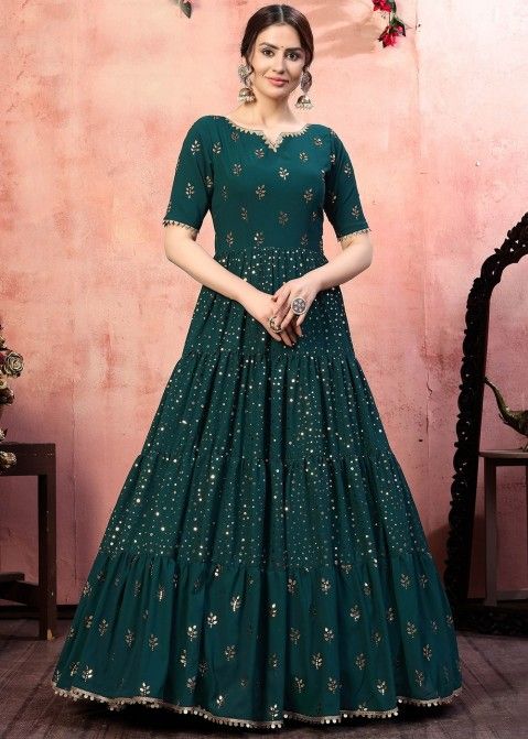 Green Georgette Mirror Work Gown In Tiered Style