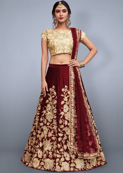 Buy Velvet Embroidered Indian Bridal Maroon Lehenga Choli Online USA