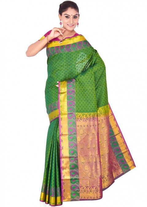 Green Pure Kanjivaram Silk Saree with Blouse