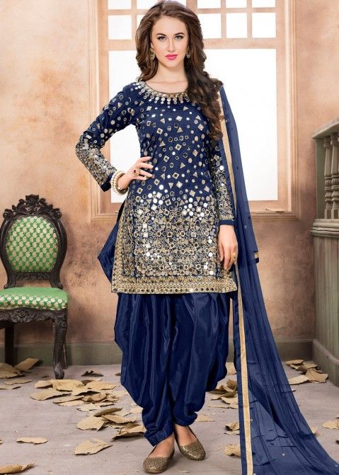 Shop Navy Blue Art Silk Punjabi Suit with Dupatta Online