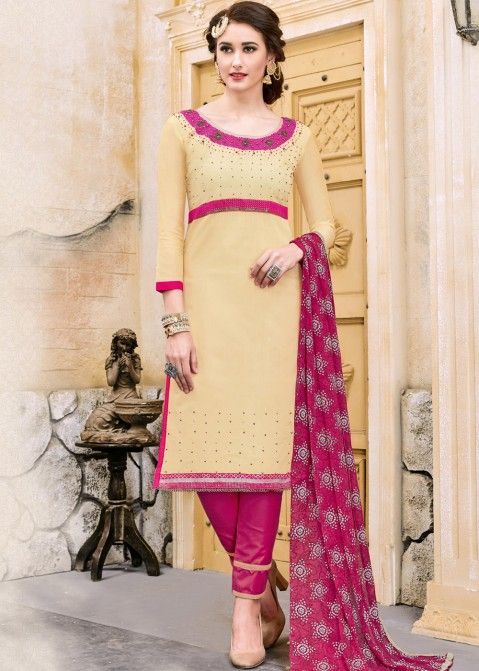 Cream Straight Cut Embroidered Salwar Suit with Dupatta