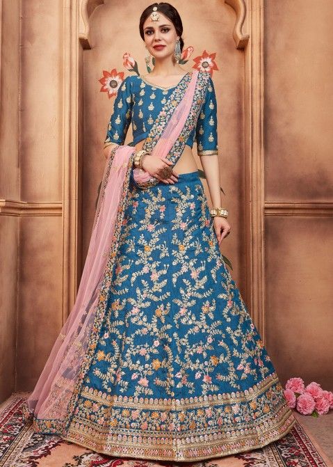 Woven Banarasi Silk Lehenga Choli in Blue - Ucchal Fashion