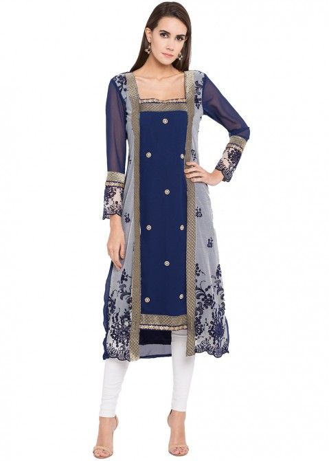 Indian Kurta: Buy Readymade Blue Embroidered Georgette Long Kurta for Women