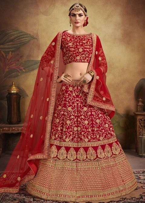 Buy Velvet Embroidered Bridal Red Lehenga Choli Online for Women USA