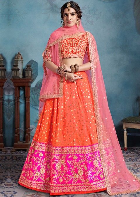 pink and orange bridal lehenga