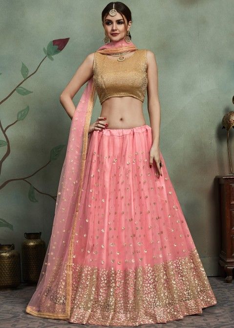 Net Fabric Pink Color Lehenga and Choli with Sequence, zari Work and Dupatta