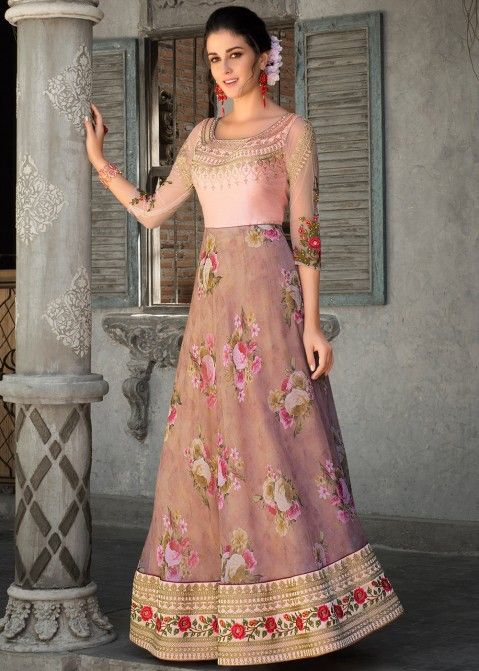 Buy Mauve Purple Floral Digital Print Readymade Indian Gowns Online in USA