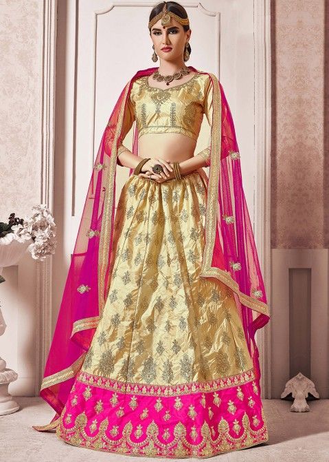 Buy Eve off white and pink lehenga with a blouse and dupatta.
